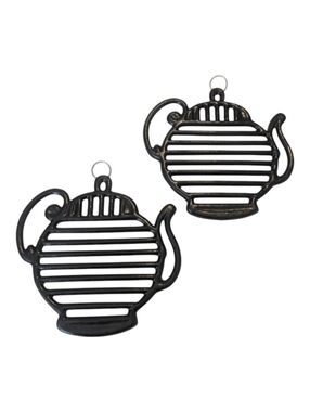 Y2K 2 ODI Teapot Kettle Shaped Black Coated Cast Iron 3 Footed Trivets W Hangers